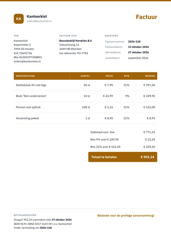 Voorbeeld factuur van een webshop voor producten met 9% en 21% btw, met de btw per tarief apart uitgesplitst